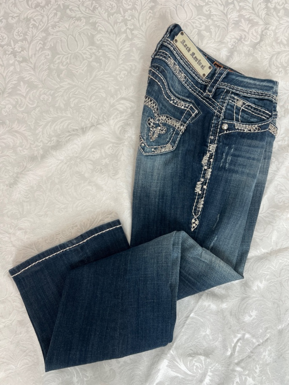 Rock Revival Amy Easy Boot Dark Blue Embroidered Bootcut Jeans - Sz 26